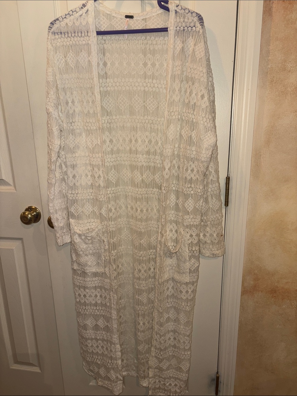 Poof! White Crochet Lace Cardigan with Metal Logo